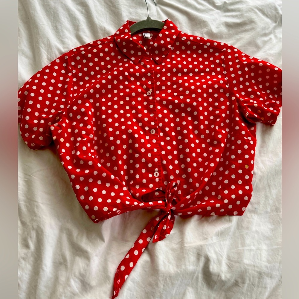 American Apparel Womens Red White Polka Dot Tie Front Crop Top Short Sleeve XS/S